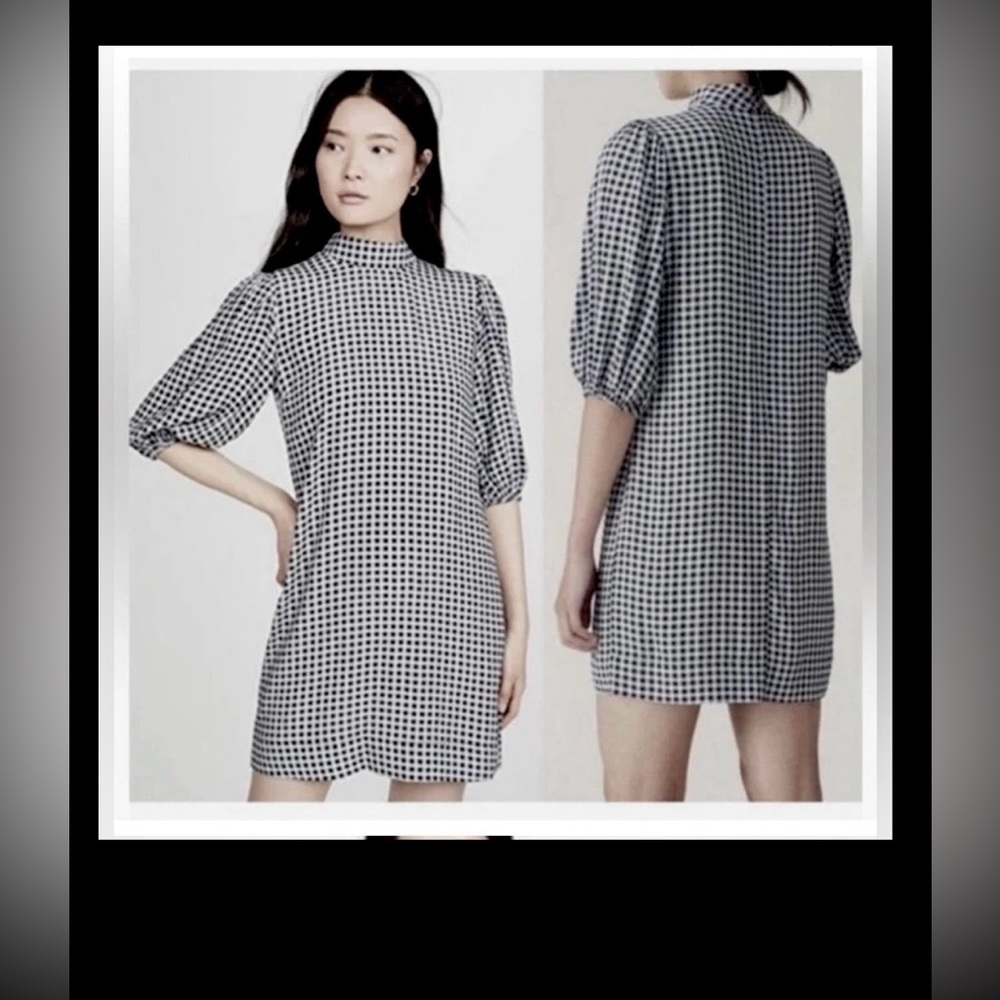 Ganni Oversized Mini Dress Puff Sleeves Black & White Gingham EU Size 34 = US 2